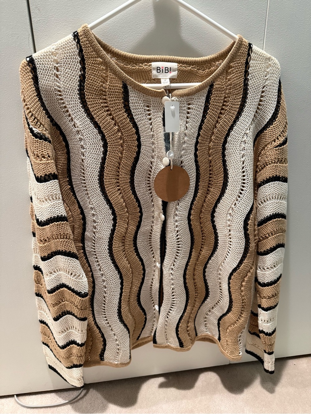 BiBi Beige, Cream & Black Wave-Stripe Open-Knit Cardigan